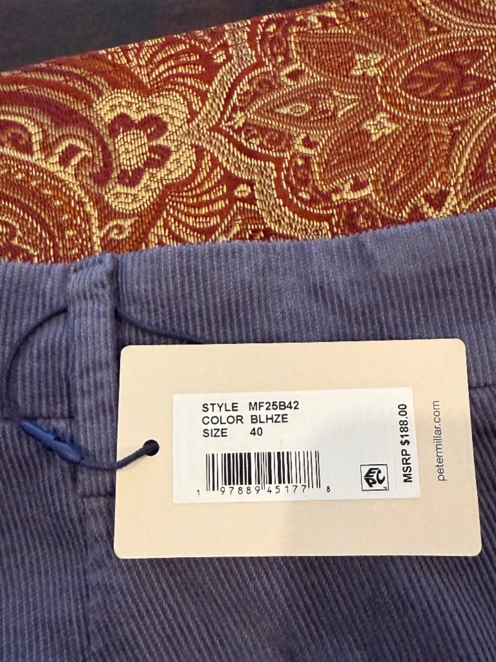 Peter Millar Men's Size 40 Blue Haze Superior Soft Corduroy Pant MSRP $188